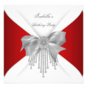 Birthday Party Red Silver White Diamond Bow Custom Invites