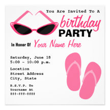Birthday Party Retro Cat Eye Sunglasses Flip Flops Custom Invitation