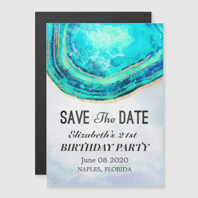 Birthday Party Save The Date Teal Gold Agate Geode Magnetic Invitation