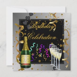 Birthday Party Silver Gold Black Champagne zazzle_invitation