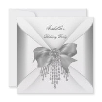 Birthday Party Silver White Diamond Bow Invite