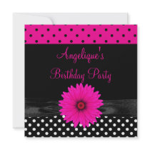 Birthday Party Spot Polka Dot  Black White Pink Invites