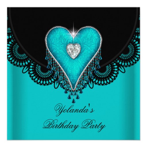 Birthday Party Teal Blue Heart Black Lace Custom Invitation