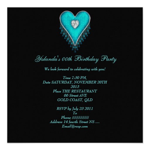 Birthday Party Teal Blue Heart Black Lace Custom Invitation