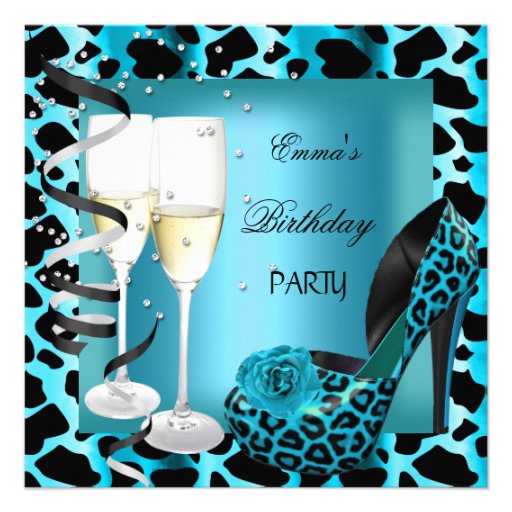 Birthday Party Teal Blue Leopard Black Shoes Custom Announcements