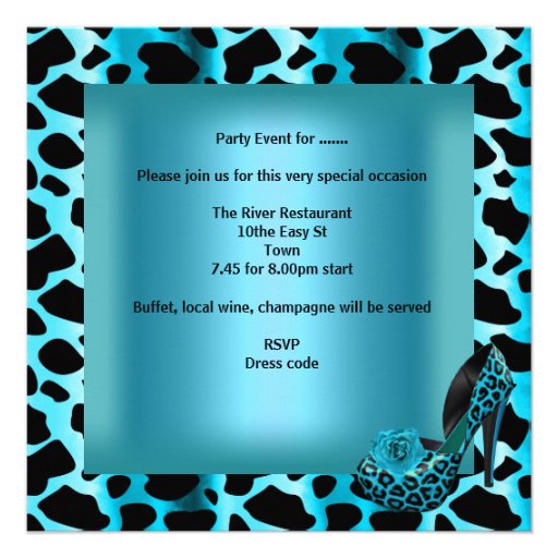 Birthday Party Teal Blue Leopard Black Shoes Custom Announcements