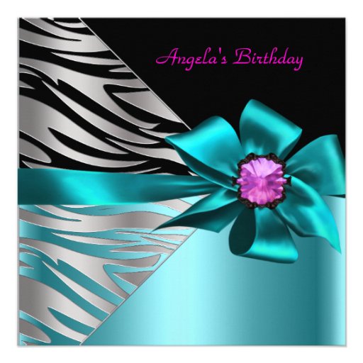 Birthday Party Teal Blue Pink Silver Zebra Black Personalized Announcement