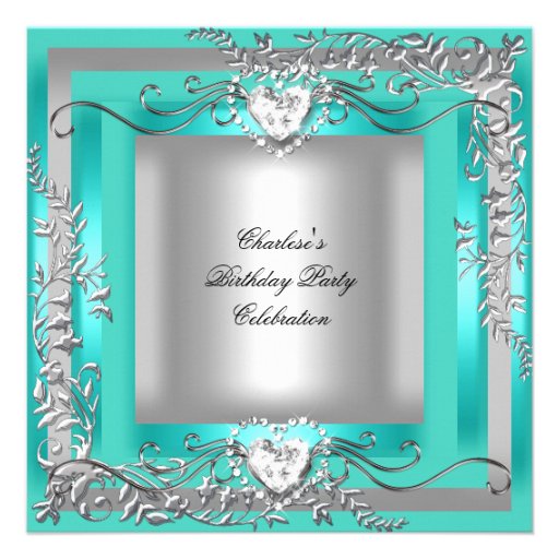 Birthday Party Teal Blue Turquoise Silver Personalized Announcement (front side)