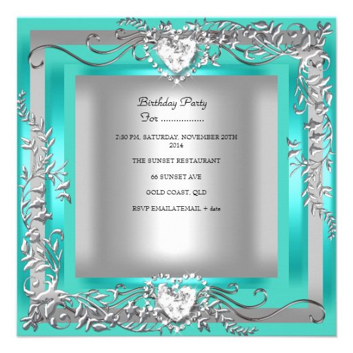 Birthday Party Teal Blue Turquoise Silver Personalized Announcement