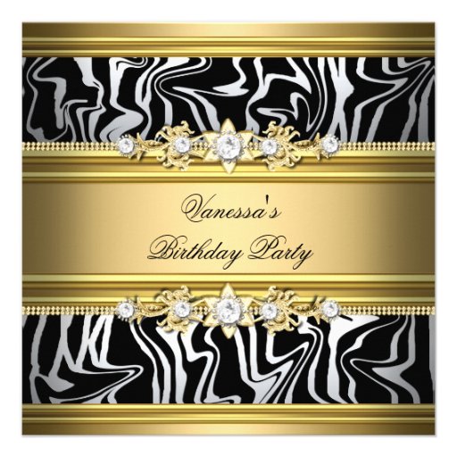 Birthday Party Wild Animal Print Gold Black White Custom Invites