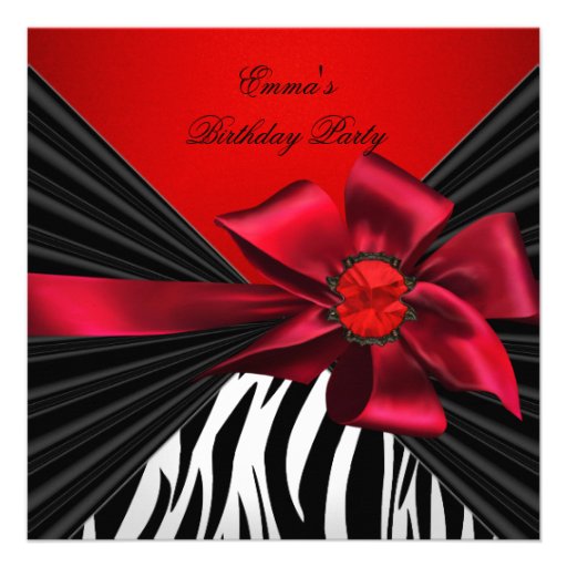 Birthday Party Zebra Elegant Red Black Bow Invitations