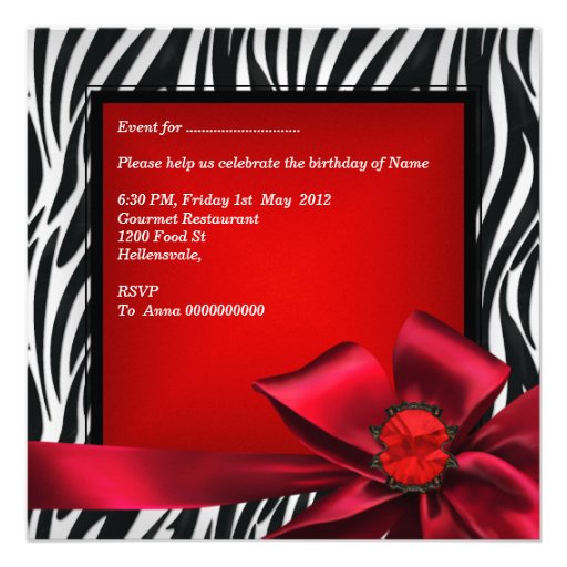 Birthday Party Zebra Elegant Red Black Bow Invitations