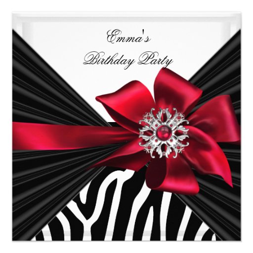 Birthday Party Zebra Elegant Red Black White Custom Invites