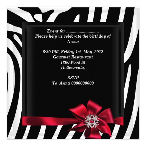 Birthday Party Zebra Elegant Red Black White Custom Invites