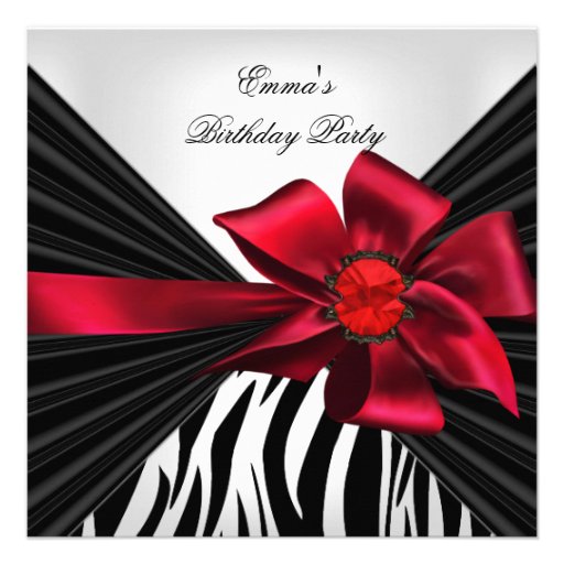 Birthday Party Zebra Elegant Red Black White Custom Announcements