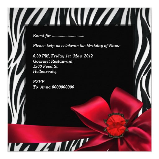 Birthday Party Zebra Elegant Red Black White Custom Announcements
