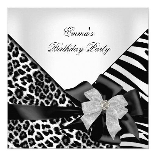 Birthday Party Zebra Leopard Elegant Black white Personalized Invite