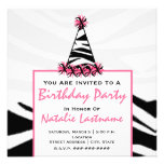 Birthday Party - Zebra Print & Pink Party Hat Invite