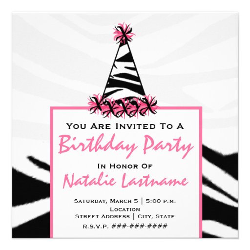 Birthday Party - Zebra Print & Pink Party Hat Invite