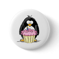 Birthday Penguin with Cupcake Button
