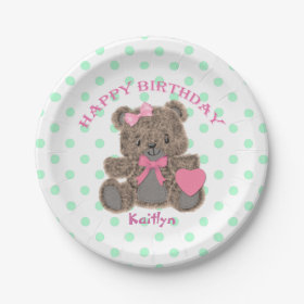 Birthday Teddy Bear Girl Personalized 7 Inch Paper Plate
