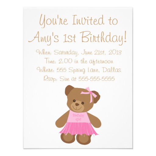 Birthday Teddy Bear With Pink Tutu Personalized Invitation