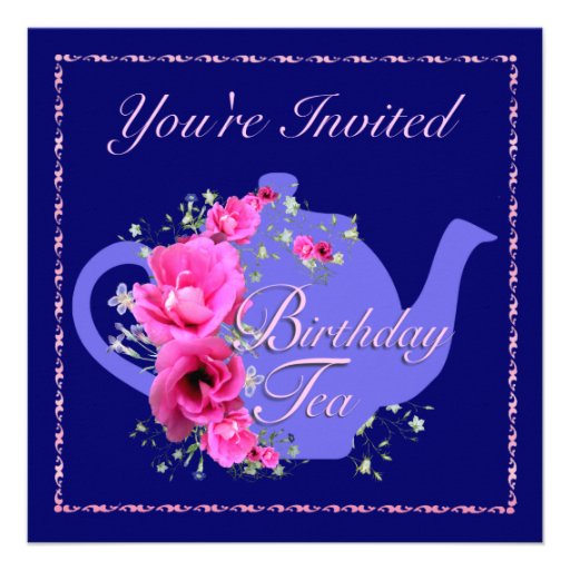 Birthdayl Tea Invitations Teapot and Pink Flowers