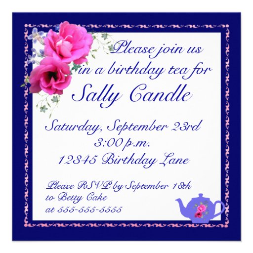 Birthdayl Tea Invitations Teapot and Pink Flowers