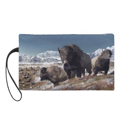 Bison Herd in Winter Wristlet Clutches