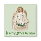 square_magnet - This lovely Celtic Angel is a vintage design Ive hand retouched. She has wavy red hair, cream robe and wings. She is catching shamrocks in the skirt of her robe. Text says ... A Little Bit of Heaven. Many matching gifts available in my store with this design.: Sizes 