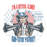 Bitter, Clingy Gun-Toting Patriot Uncle Sam Gear Round Stickers