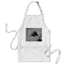 Black alpine goat doe waiting at metal gate aprons