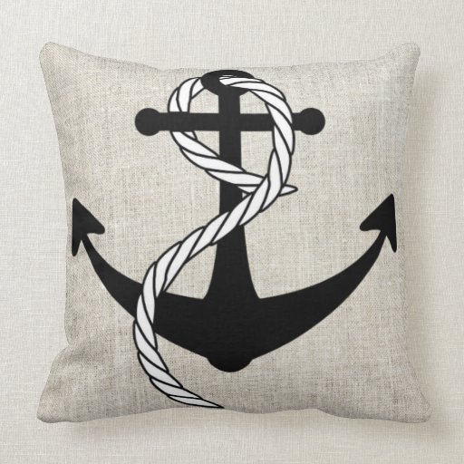 Black Anchor with rope Linen Burlap Throw Pillow Zazzle