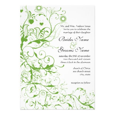 Black and Apple Green Bird Swirl Wedding Invite