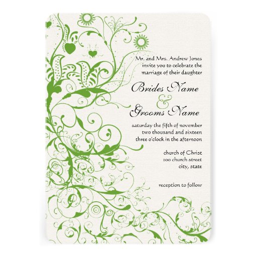 Black and Apple Green Bird Swirl Wedding Invite