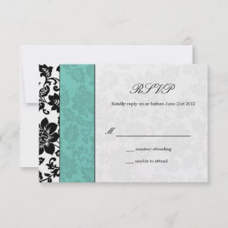 Black and Aqua Damask Wedding RSVP Personalized Invitations