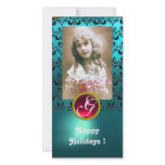BLACK AND BLUE DAMASK Red Ruby Monogram Photo Card
