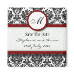Black and Burgundy Damask Monogram Save The Date Fridge Magnets