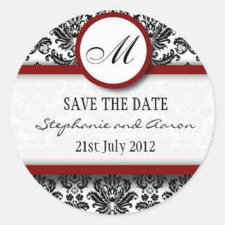 Black and Burgundy Damask Monogram Wedding Sticker