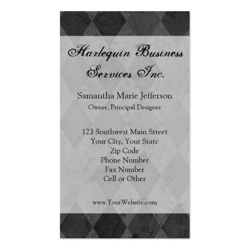 Black and Charcoal Harlequin with Script Business Card Templates (front side)
