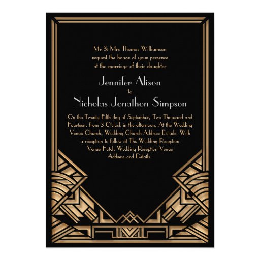 Black and Faux Gold Art Deco Gatsby Style Wedding Personalized Announcement