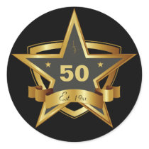 Black and Gold 50th Birthday Star Round Stickers stickers
