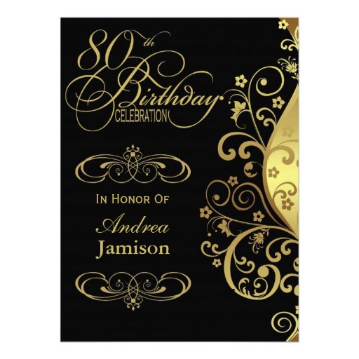Black and Gold 80th Birthday Party Invitation (front side)