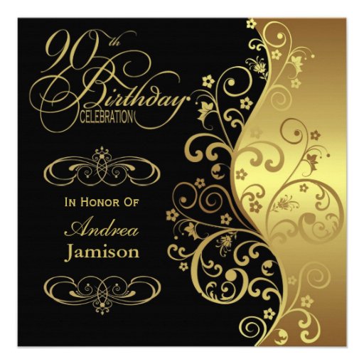 Black and Gold 90th Birthday Party Invitation (front side)