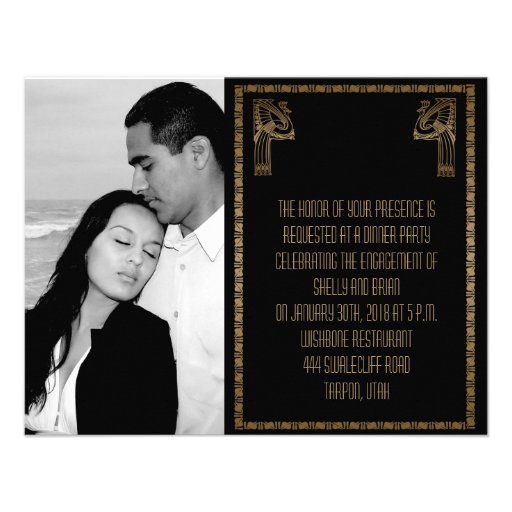 Black and Gold Art Deco Peacock Wedding Engagement Invites