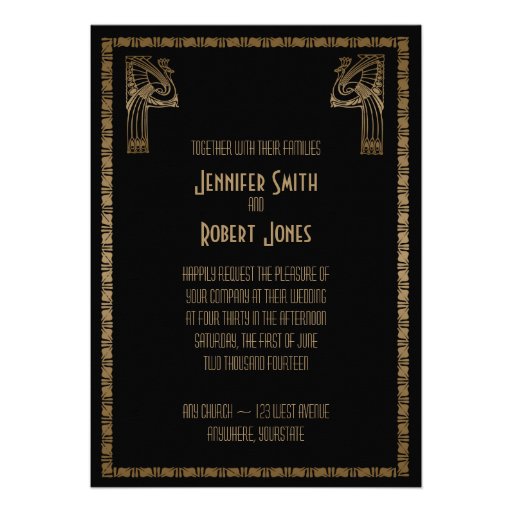 Black and Gold Art Deco Peacock Wedding Invitation