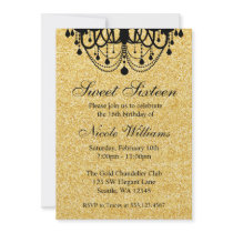 Black and Gold Chandelier Sweet 16 Birthday Custom Invites