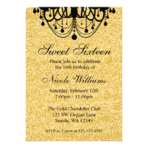 Black and Gold Chandelier Sweet 16 Birthday Custom Invites