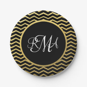 Black and Gold Chevron Pattern Triple Monogrammed 7 Inch Paper Plate