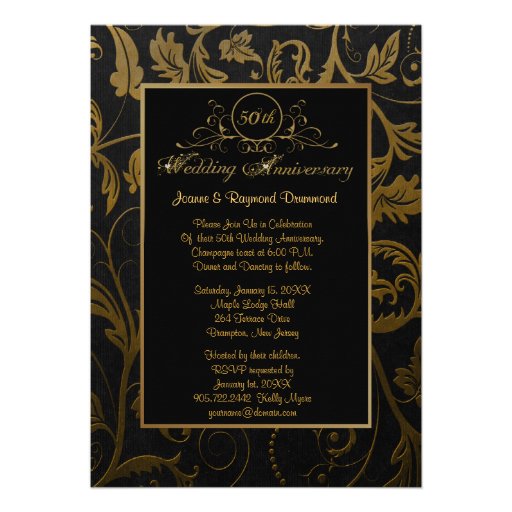 Black and Gold Damask 50th Wedding Anniversary Custom Announcement
